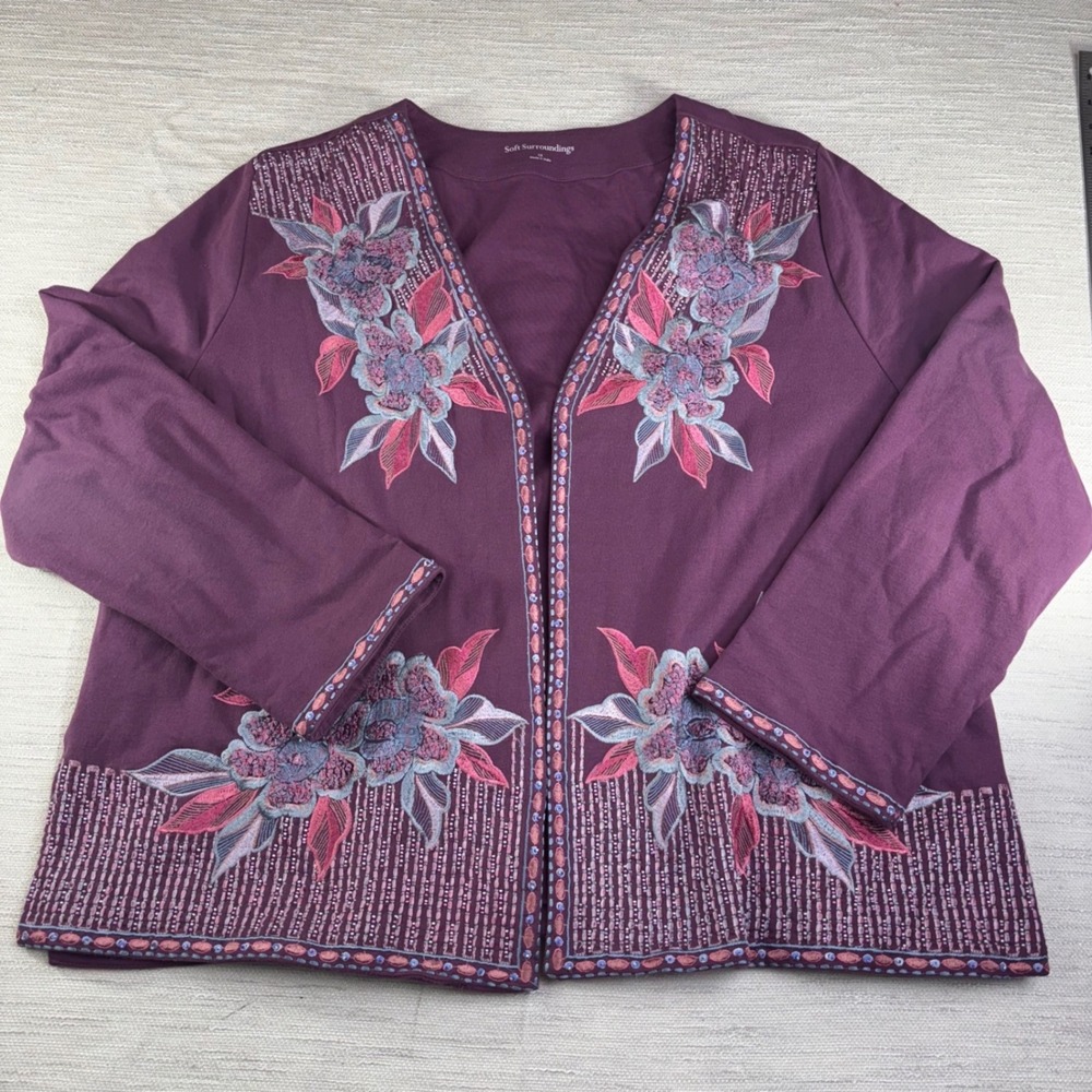 Soft Surroundings Purple Floral Beaded Embroidered Open Front Cardigan Jacket 1X